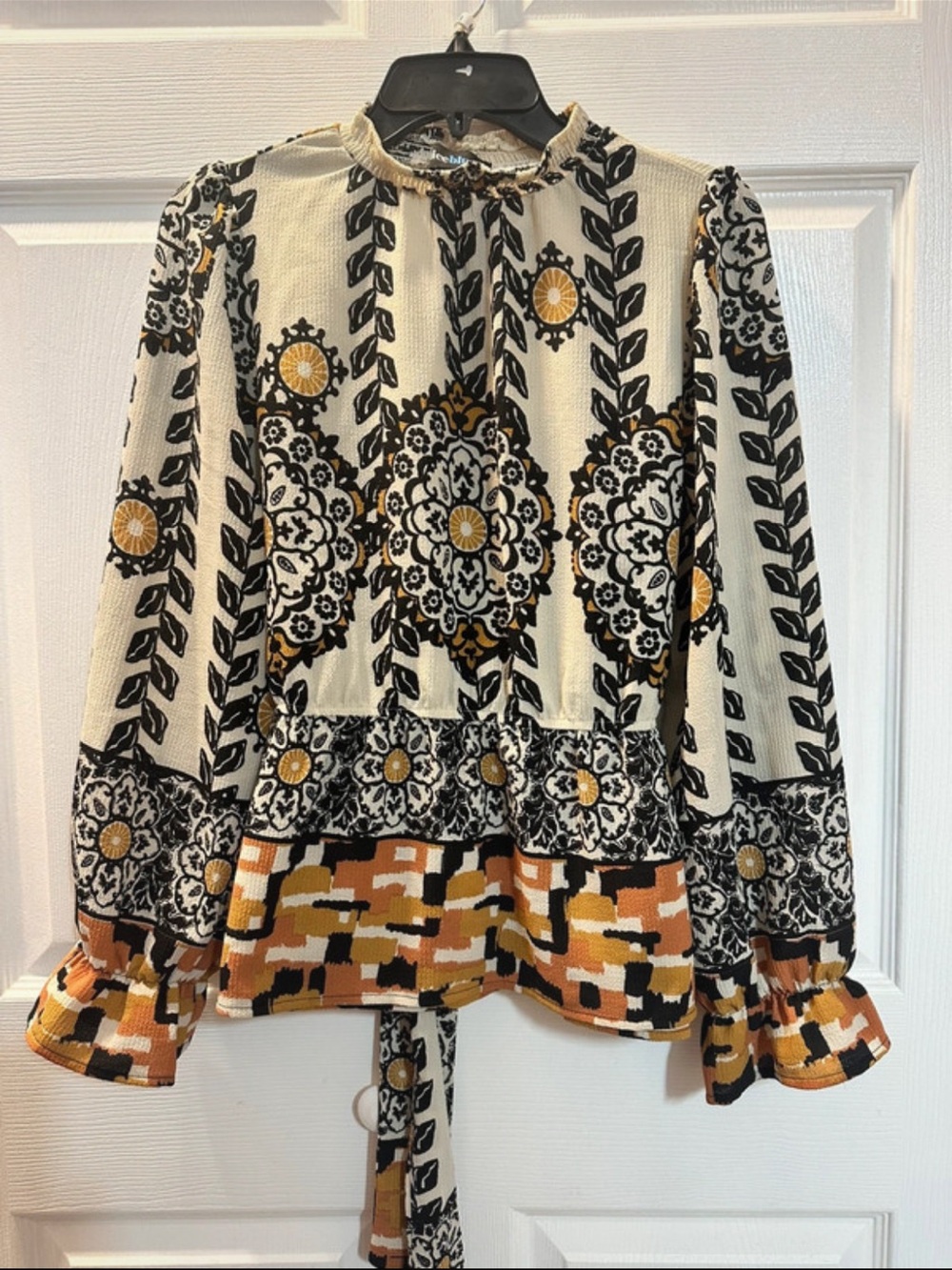Alice Blue Women’s Cream Floral-Print Long Sleeve Blouse with Rust Accents